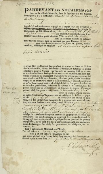 A fur trade engagement for Charles St. Antoine dit Vacher, written in French.