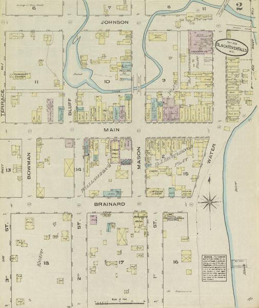 Sanborn insurance map of Black River Falls covering the area bordered by the Black River on the East, 3rd Street on the West, Johnson Street on the North, and Brainerd Street to the South. Charles van Schaick's photographhic studio is located at 904 Mason Street.
