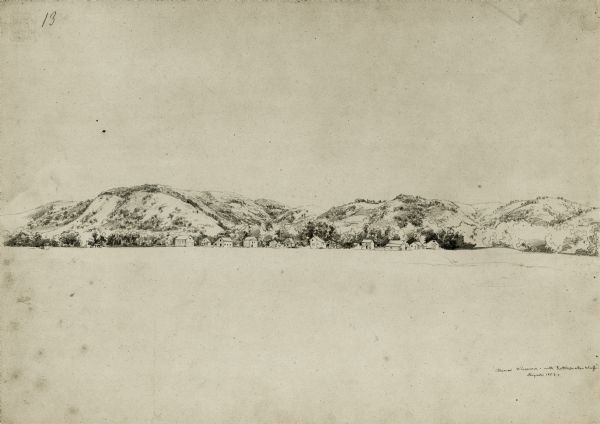 Pencil drawing of Rattlesnake Bluff and the town of Arena from a distance across a plain. A row of buildings runs along the foot of the gently rolling hills of the bluff.