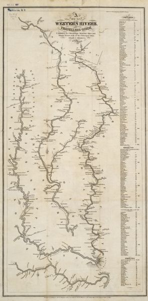 A map of the Western rivers, a "travellers guide" exhibiting the Mississippi, Missouri, Ohio and Illinois Rivers with principal towns.