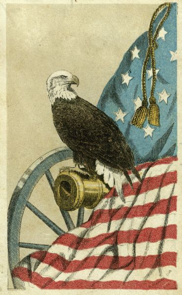 Old Abe, eagle mascot of the 8th Wisconsin Regiment.  Popular cards sold in great quantities as benefit items ($9 per 100), so great was this bird's fame.

Old Abe is perched on a cannon with an American flag on his right side. 

Lithograph by L. Lipman, Milwaukee, Wisconsin, after a photograph by Curtiss "sold for the benefit of the Permanent Soldiers' Home at Milwaukee" by Mrs. H.C. Crocker.