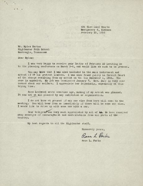 A typed letter written to Myles Horton of Highlander Folk School from Rosa L. Parks.