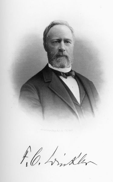 Quarter-length studio portrait of General Frederick C. Winkler of Milwaukee from the 1895 Columbian Biographical Dictionary and Portrait Gallery of the Representative Men of The United States: Wisconsin Volume; p 595. From the accompanying biographical sketch: He was born in Bremen, Germany on 15 March 1838, and emigrated with his parents, Carl and Elizabeth (Overbeck) Winkler, in 1842 to Milwaukee. [Actually, Frederick came in 1844 with his mother; his father had come in 1842 to get established.] He studied law and was admitted to the bar at Madison in 1859. In 1862 he raised a company of volunteers, which became Company B, 26th Wisconsin Infantry. He was elected captain, then promoted up the ranks to Major in November 1863. After fighting in a number of major battles and skirmishes, the 26th Wisconsin Infantry was mustered out in Milwaukee on 28 June 1865, after which Winkler was breveted by the War Department as a Brigadier-General. He resumed practicing law in Milwaukee, in various partnerships through the years. In 1964 he married Frances M. Wightman, by whom he had six daughters and three sons.
