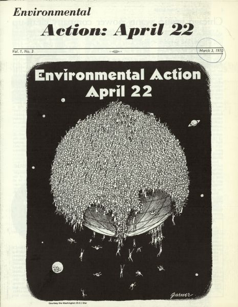 The cover design of the magazine "Environmental Action: April 22" featuring a line drawing of multititudes of people clinging to and falling off of the Earth.