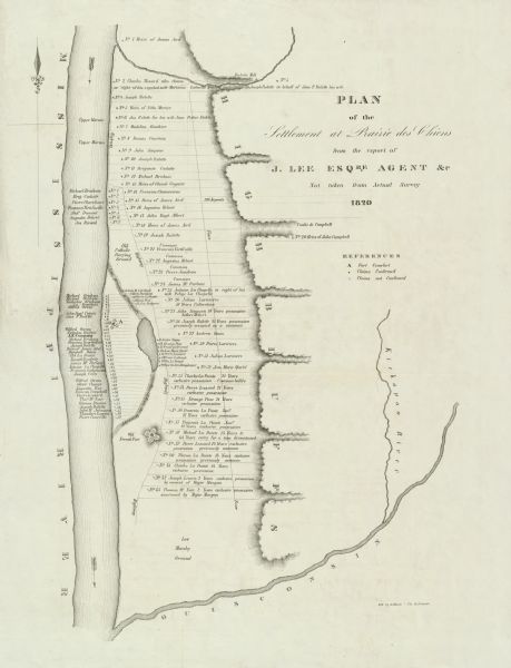 This map displays the plan for claiming various settlement zones in the Prairie des Chiens area in 1820. It shows Fort Crawford and 87 confirmed and unconfirmed claims.