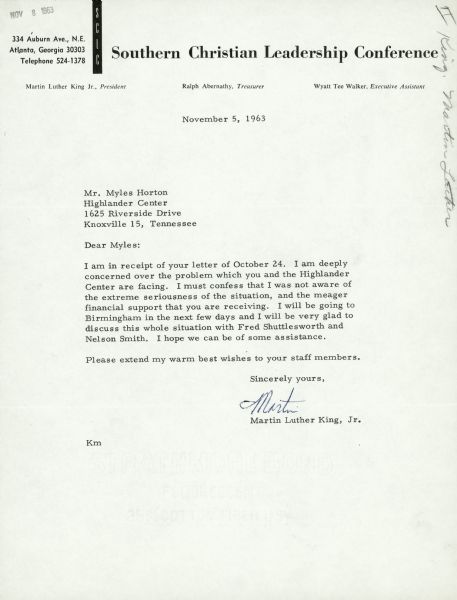 A typed letter written to Myles Horton of Highlander Folk School from Martin Luther King, Jr., who was President of the Southern Christian Leadership Conference at the time. The letter was an appeal for financial support.