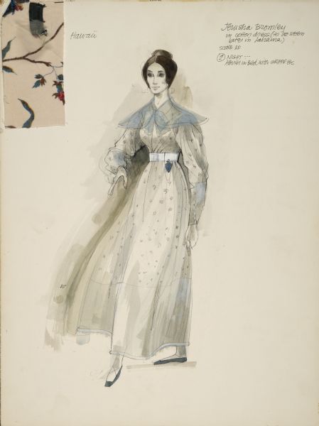 Pencil and watercolor costume design sketch by Dorothy Jeakins for a cotton print dress for Jerusha Bromley in the film "Hawaii" (Mirisch 1966). A swatch of the fabric is attached.