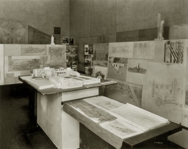 Exhibit of the works of Frank Lloyd Wright at the Layton Art Gallery in Milwaukee which later toured the United States, 1930-1931. Numerous models and drawings of Wright designed buildings are on display including most prominently the residence designed for Richard Lloyd Jones.