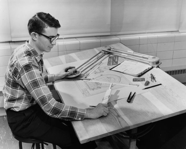 A structural technology student works on a project in a drawing class at the Milwaukee Institute of Technology.