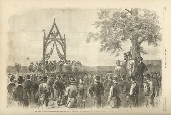 Illustration depicting a crowd watching the Potomoc-Sword presentation.