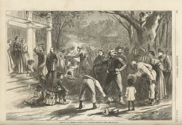 Illustration depicting a large group of people gathered in the yard of a house. Three woman stand on the porch steps, and men, women and children are gathered around the Federal Column.