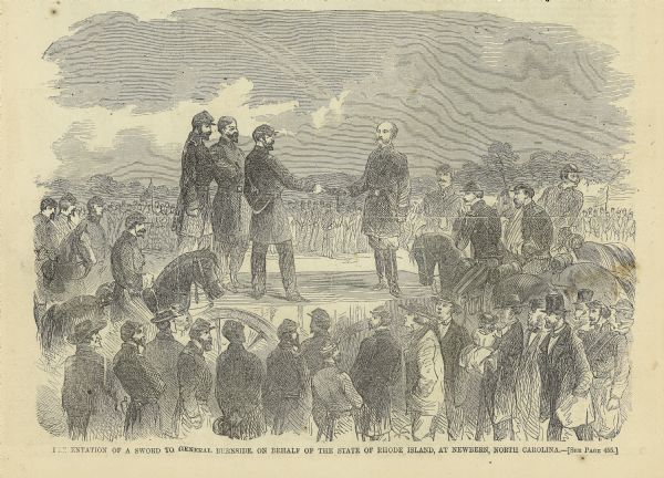 Illustration depicting crowd attending the presentation of a sword to General Burnside.
