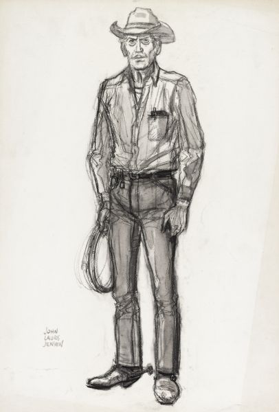 A pencil drawing of a costume for Melvyn Douglas as Homer Bannon in the film "Hud". The man in the drawing is wearing a cowboy hat, work shirt, jeans, and boots with spurs.