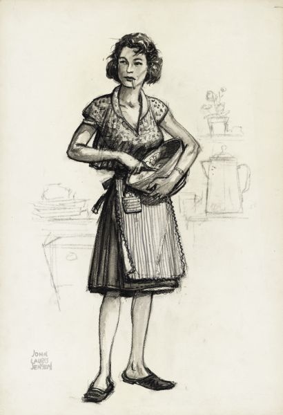 A pencil drawing of of a costume for Patricia Neal as Alma Brown in the film "Hud". The woman in the drawing is wearing a dress, apron, and low shoes, and has a cigarette in her mouth.