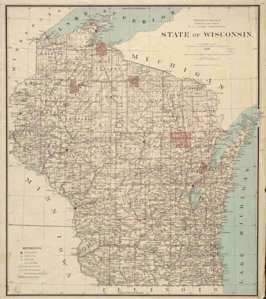 Wisconsin map showing land offices, railroads completed, railroad land grants and Indian reservations.