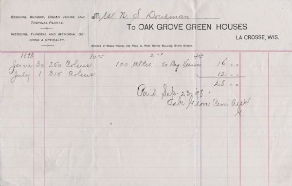 Receipt for plants purchased by Nina Dousman from Oak Grove Green Houses for gardens at Villa Louis.