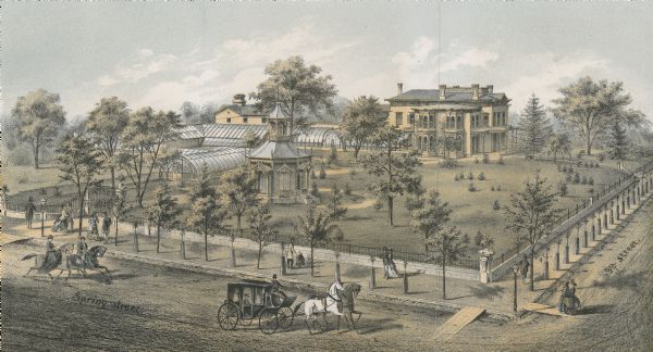 Lithograph elevated view of the Alexander Mitchell home and gardens seen from the corner of Ninth and Spring Streets. Pedestrians, horse-riders and a horse-drawn vehicle can be seen.