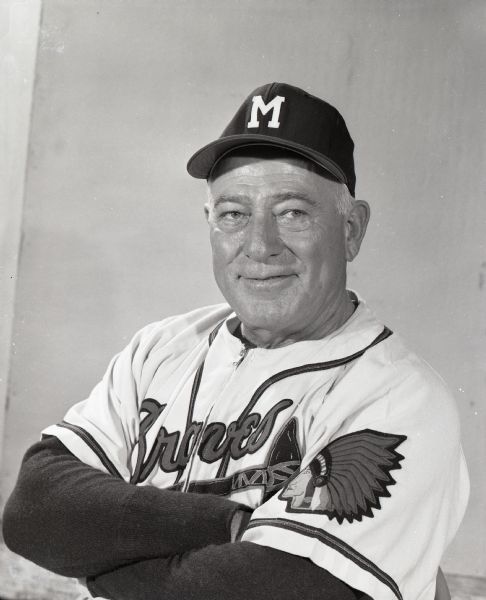 Waist-up studio portrait of Milwaukee Braves Assistant Manager, Charlie Root, in uniform.