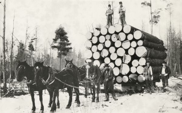 Horse-drawn lumber sled loaded with logs. Five lumbermen are standing on and near sled.