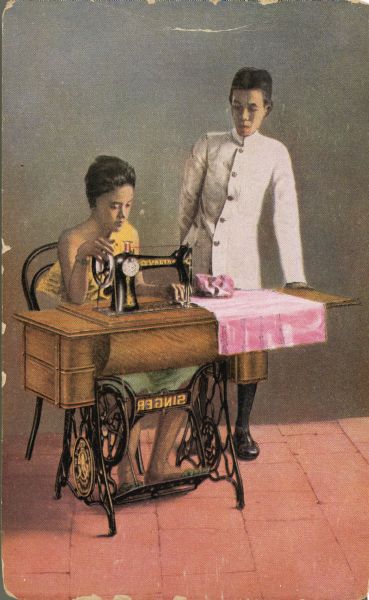 Illustration of a Javanese woman sewing at a Singer Sewing machine while a Javanese man looks on.