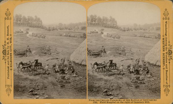 Stereograph from the Chicago Panorama of the Battle of Gettysburg Representing Pickett's Charge at 4 P.M., July 3rd, 1863: Field Hospital on the Right of Cemetery Hill, a section of an oil painting of the Cyclorama of Gettysburg by French artist Paul Dominique Philippoteaux. From Bennett's series "Wanderings Among the Wonders and Beauties of Western Scenery."