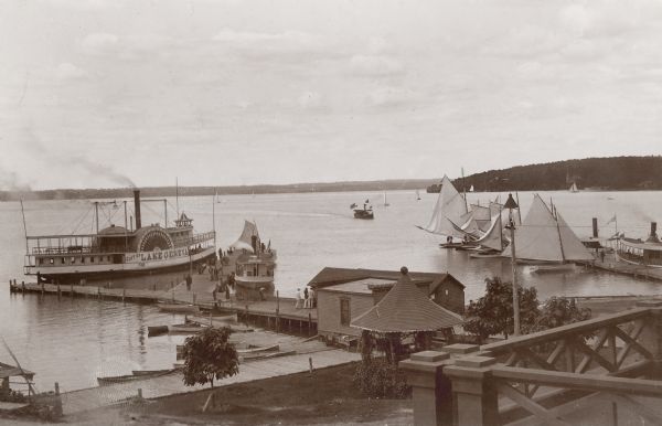 Elevated view of Lake Geneva with the Lake Geneva steamboat.