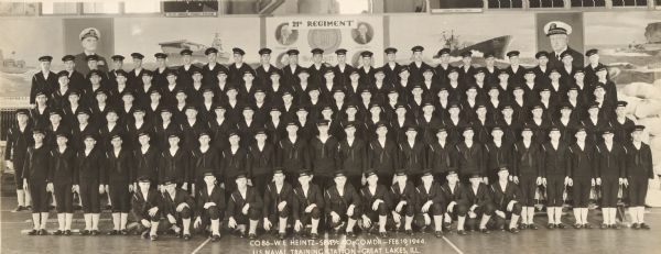 Panaromic portrait of the 21st Regiment, Co. 86, Naval Training Station, Great Lakes, Illinois, W.E. Heintz, commander.

Jordan Beechie Getts, Jr. (1926-1972) is in the back row, 12th from left. Jordan grew up in Alabama, but moved to Milwaukee, Wisconsin after World War II.

The Wisconsin Historical Museum has a set of pajamas and carved slippers that Jordan B. Getts, Jr. (1926-1972) acquired when he was a sailor in the Pacific during World War II and gave to his future wife Esther Sauer (1926- ) in 1945. See museum collection 2010.142.

Original returned to donor.

