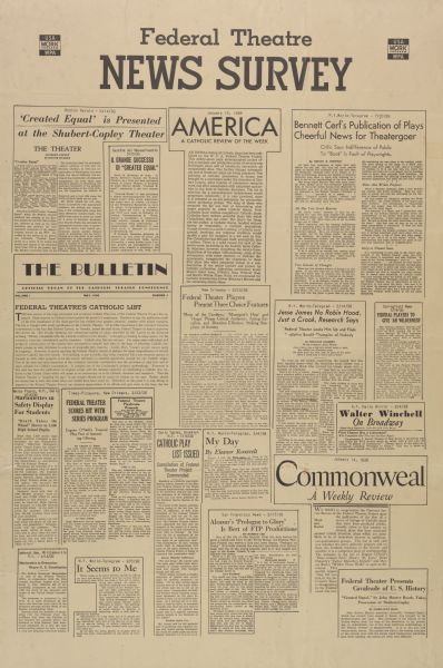 A poster depicting a collection of news articles regarding the Federal Theatre.