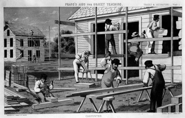 Photographic reproduction of a lithograph showing carpenters erecting houses.