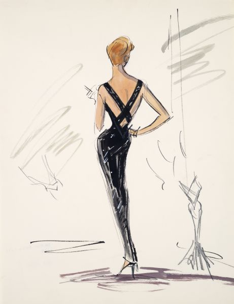 A costume design for a black, cross-back dress as seen in the film "The Rat Race" (Paramount 1960).