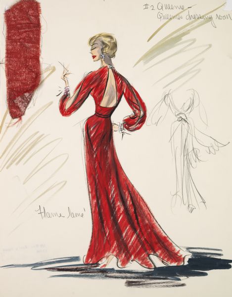 An Edith Head costume design for a red lame' open-back gown for the character Queenie (Hope Lange) in "Pocket Full of Miracles". This image includes a fabric swatch.