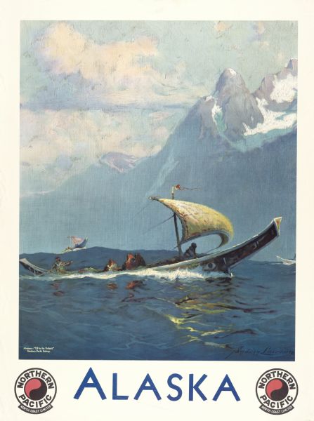 An original lithograph promoting Alaska, and to get there by way of the the Northern Pacific Railway. Features the artwork of Sydney Laurence, with a depiction of a dramatic view of native Alaskans sailing in the shadow of a large snow-capped mountain in the background.