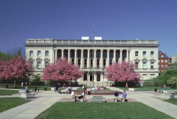 Exterior view of the Wisconsin Historical Society, formerly The State Historical Society of Wisconsin, from Library Mall on the UW-Madison campus.