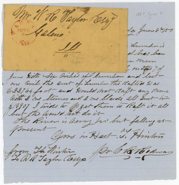 A letter to Colonel William Robert Talylor signed "Yours in Hast, —. Hinton". The envelope is included in the upper left hand corner of the letter.