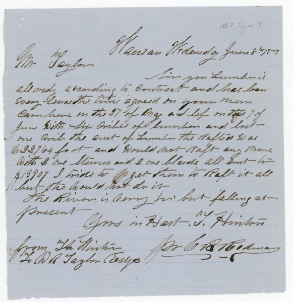 A letter (without the envelope) from Mr. Hinton to W.R. (William Robert) Taylor.