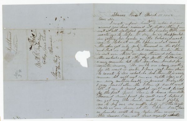 The first page of a letter written to William Robert Taylor when he lived in Cottage Grove. It was authored by someone in Stevens Point whose name is not signed legibly.