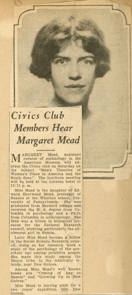 A newspaper photograph of Margaret Mead with an article about her appearance and speech at a Civics Club event.