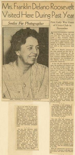 A newspaper clipping with a photograph detailing the appearance of First Lady Eleanor Roosevelt as a guest at a Civics Club event.