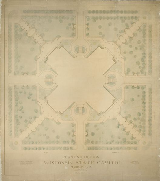 Architectural watercolor of a planting design for the Wisconsin State Capitol.