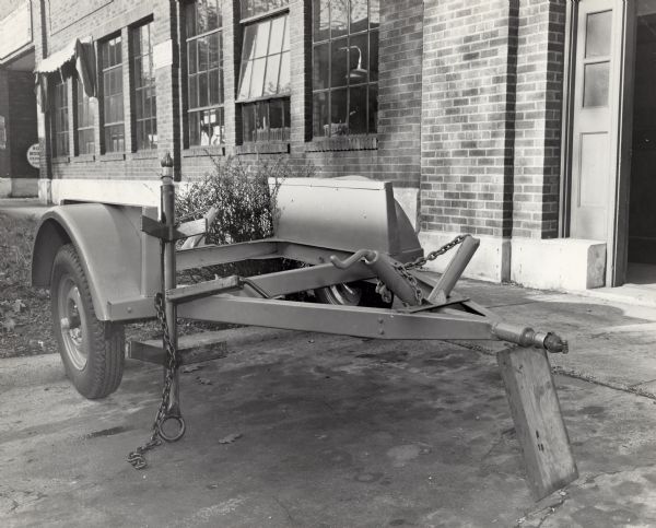 Front view of a trailer built by the Ideal Body Company outside the Ideal Body Company on Park Street.