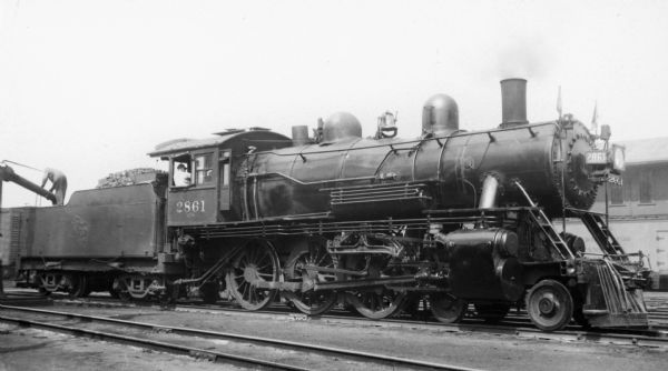 Right side view of locomotive engine no. 2861, a steam locomotive of the Chicago, Milwaukee, St. Paul and Pacific Railroad Company.