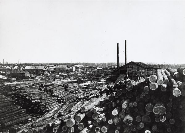 Emerson Brothers Sawmill with large piles of cut trees in the foreground.