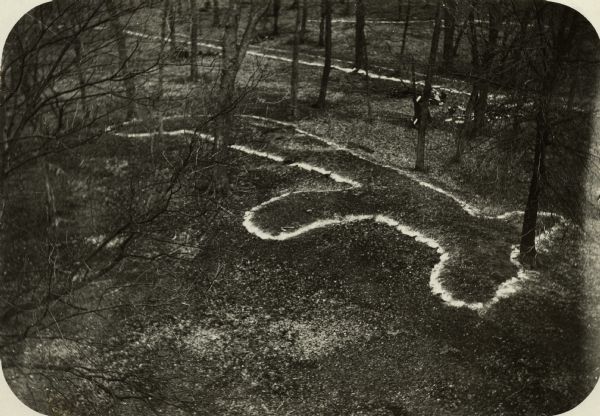 Elevated view of bear effigy mound outlined in chalk at Lake Koshkonong.