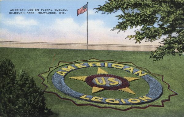 American Legion floral emblem on the east slope of Milwaukee's Kilbourne Park Reservoir. Caption reads: "American Legion Floral Emblem, Kilbourn Park, Milwaukee, Wis."