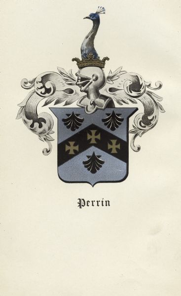Perrin family coat-of-arms and crest. Arms: <i>argent</i> on a chevron between three escallops, <i>sable</i>, three crosses pattée. Crest: Out of a ducal coronet, or a peacock's head proper.