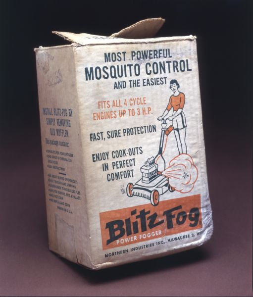 Package of Blitz Fog Mosquito Control, which depicts a woman dispensing the product with a power fogger.
