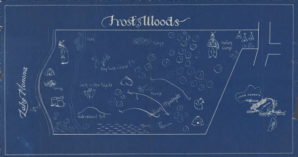 Blueprint-style map of Frost Woods on the shore of Lake Monona. The map indicates the locations of Indian mounds, an Indian camp, and various plants. There are drawings of Jack in the Pulpits, Dog Tooth Violets, ferns, and some small animals. There is an inset map in the bottom right corner that includes Lakes Mendota, Monona, Wingra, and Waubesa.