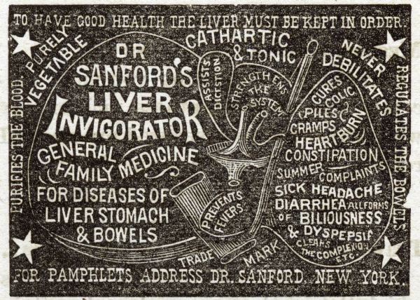 Newspaper advertisement for Dr. Sanford's Liver Invigorator for diseases of the liver, stomach, and bowels. A long list of diseases the tonic treated is written on a diagram of a liver. Dr. Sanford operated out of New York.