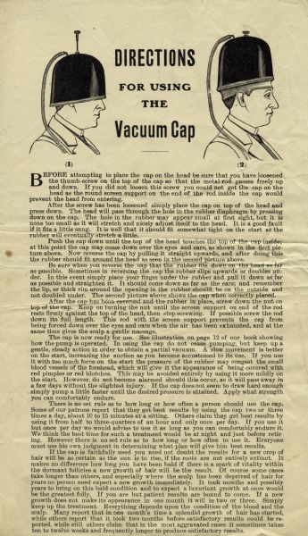 Directions for using the vacuum cap, a device intended to stimulate hair growth. A drawing at the top shows a man with the cap on his head with the cap turned off, and another drawing shows him with the cap turned on.