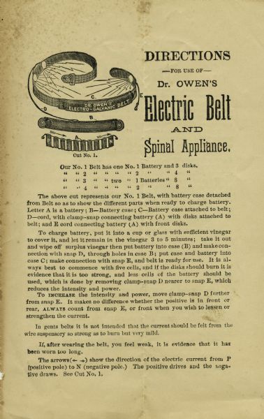 Directions for use of Dr. Owen's Electric Belt and Spinal Appliance. There is a drawing of the device at the top of the page.